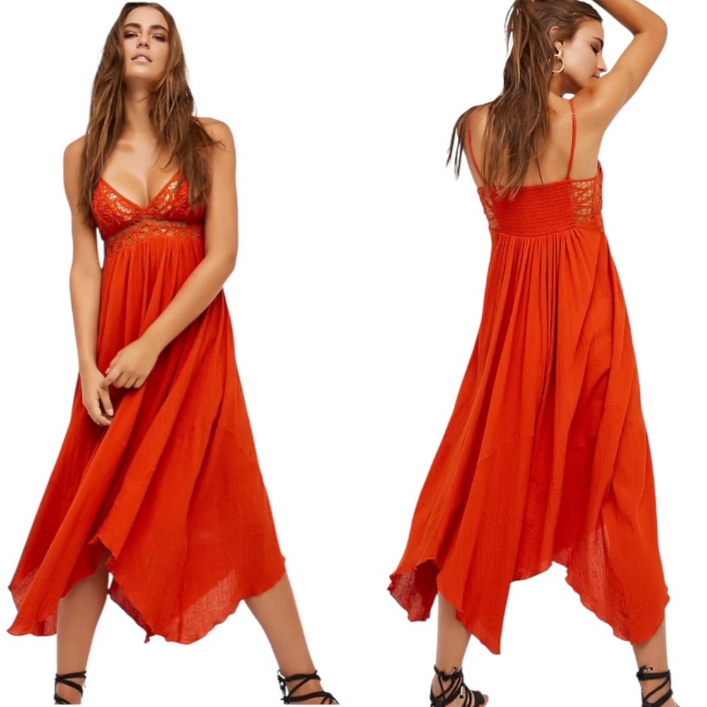 Free People L Orange Maxi Dress smocking & Lace Bodice